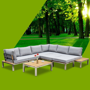 Waterproof Cushion Outdoor Sofa Stainless Steel Furniture Teak Wood Deep Seating Sectional Lounge Sofa Set