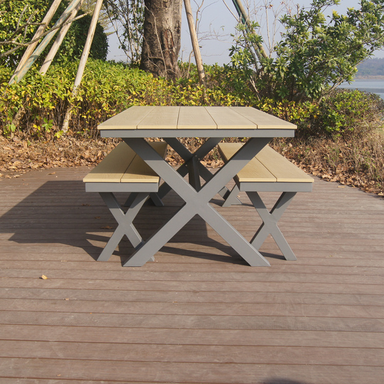 factory direct wholesale luxury all weather aluminum plastic wood garden table and bench