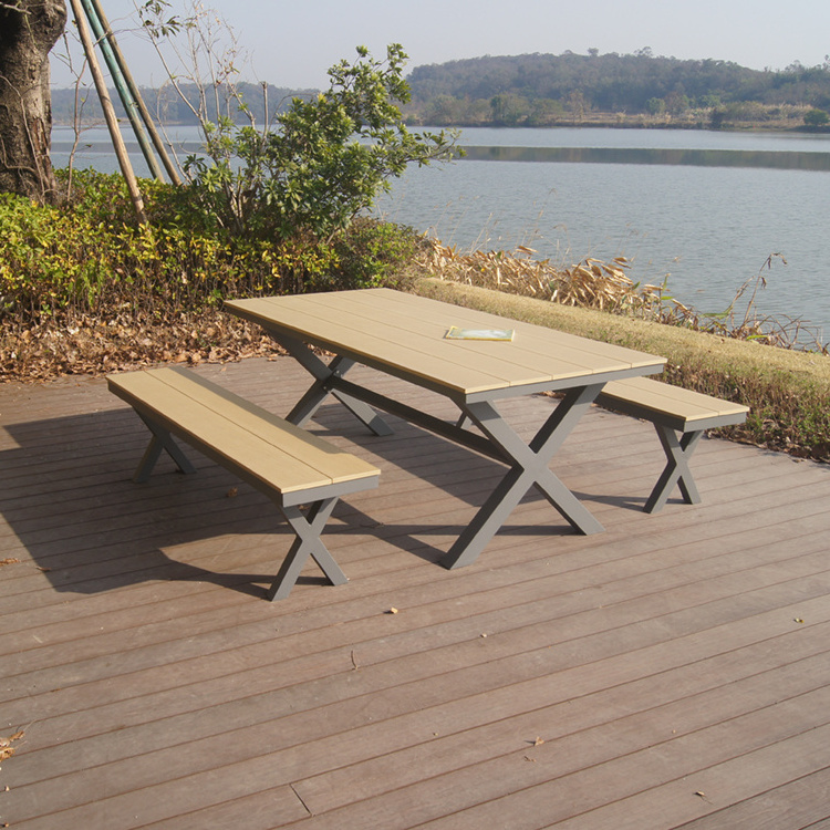 factory direct wholesale luxury all weather aluminum plastic wood garden table and bench