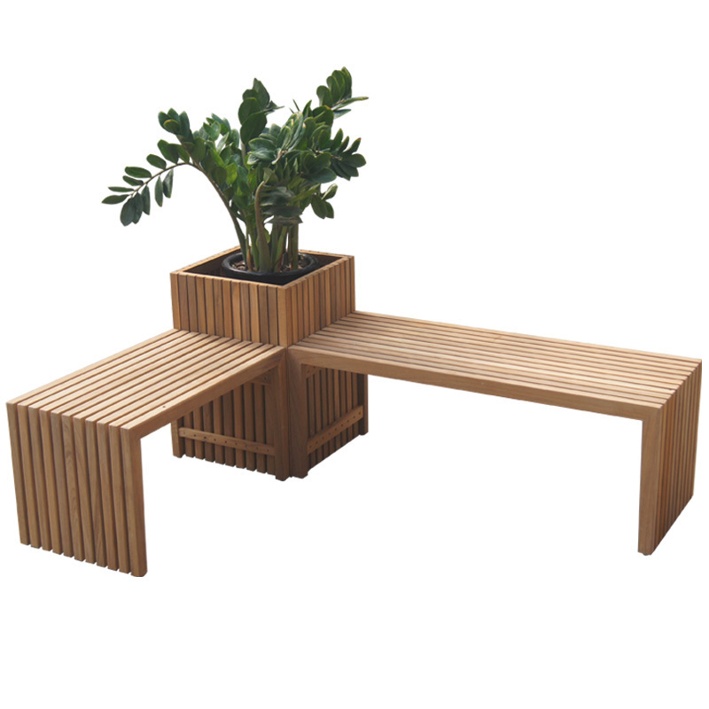 all weather waterproof outdoor patio teak wood bench seat with flower planter