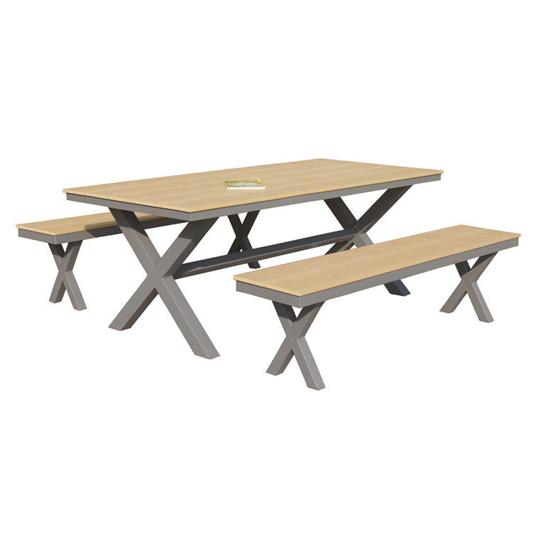 factory direct wholesale luxury all weather aluminum plastic wood garden table and bench