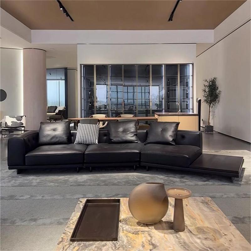 Siyi head layer leather sofa with irregular Italian minimalist fabric corner, large living room with straight and curved layout