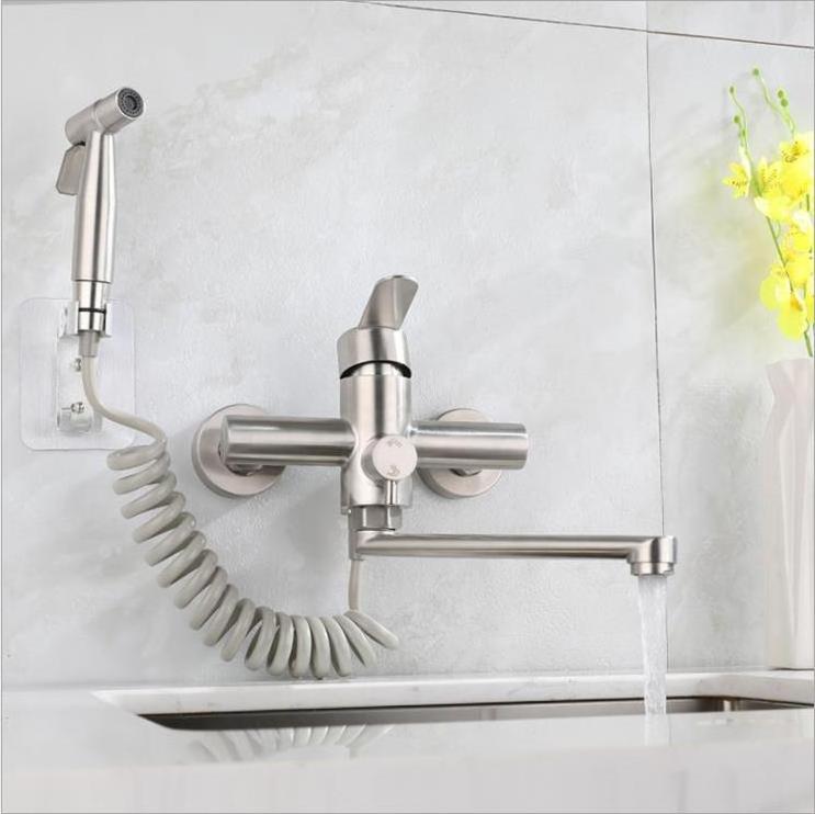 304 Stainless Steel Brushed Kitchen Faucets Wall Mounted Kitchen Sink Faucet with Handheld Sprayer