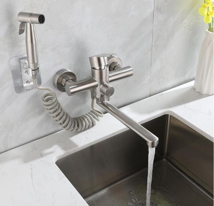 304 Stainless Steel Brushed Kitchen Faucets Wall Mounted Kitchen Sink Faucet with Handheld Sprayer