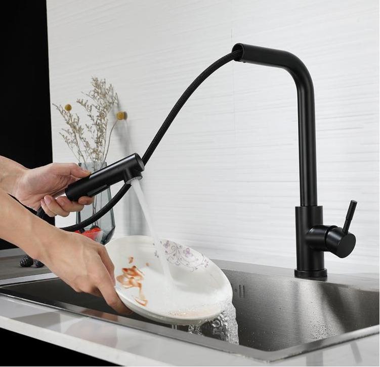 Matte Black Brushed Single Handle Deck Mount Pull Down Pull Out Sprayer Stainless Steel Kitchen Faucets for Sink