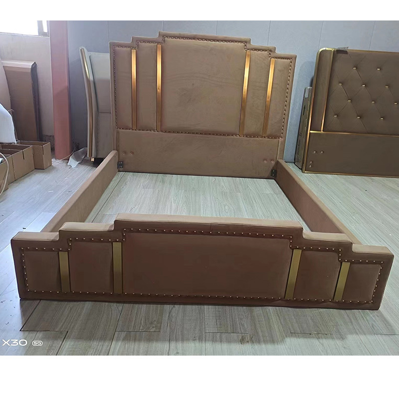 High end  velvet bed headboard with gold stainless steel modern Bedroom exclusive design Luxury King Size Bed Frame