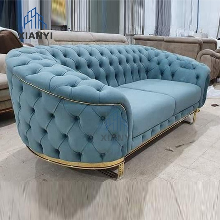 American style Luxury Home  blue Sofa Set chesterfield Velvet sofa with stainless steel Gold leg for living room sofas