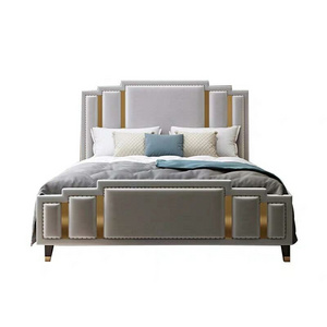 High end  velvet bed headboard with gold stainless steel modern Bedroom exclusive design Luxury King Size Bed Frame