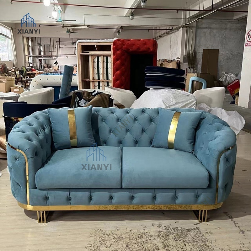 American style Luxury Home  blue Sofa Set chesterfield Velvet sofa with stainless steel Gold leg for living room sofas