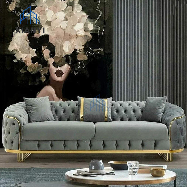 American style Luxury Home  blue Sofa Set chesterfield Velvet sofa with stainless steel Gold leg for living room sofas