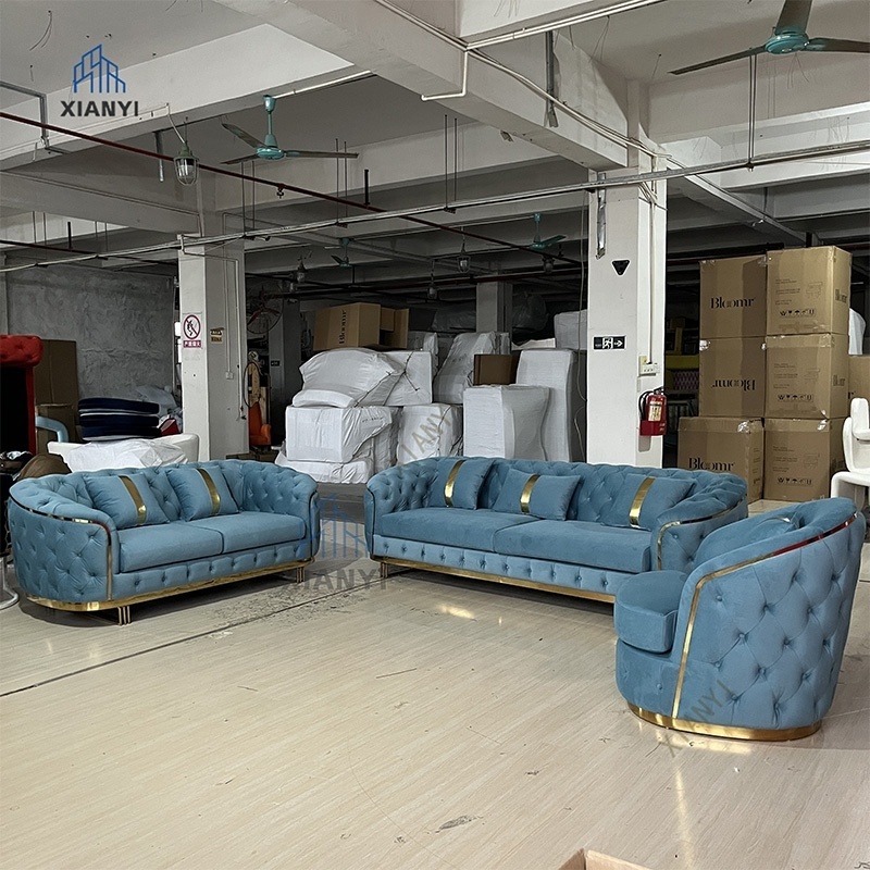 American style Luxury Home  blue Sofa Set chesterfield Velvet sofa with stainless steel Gold leg for living room sofas