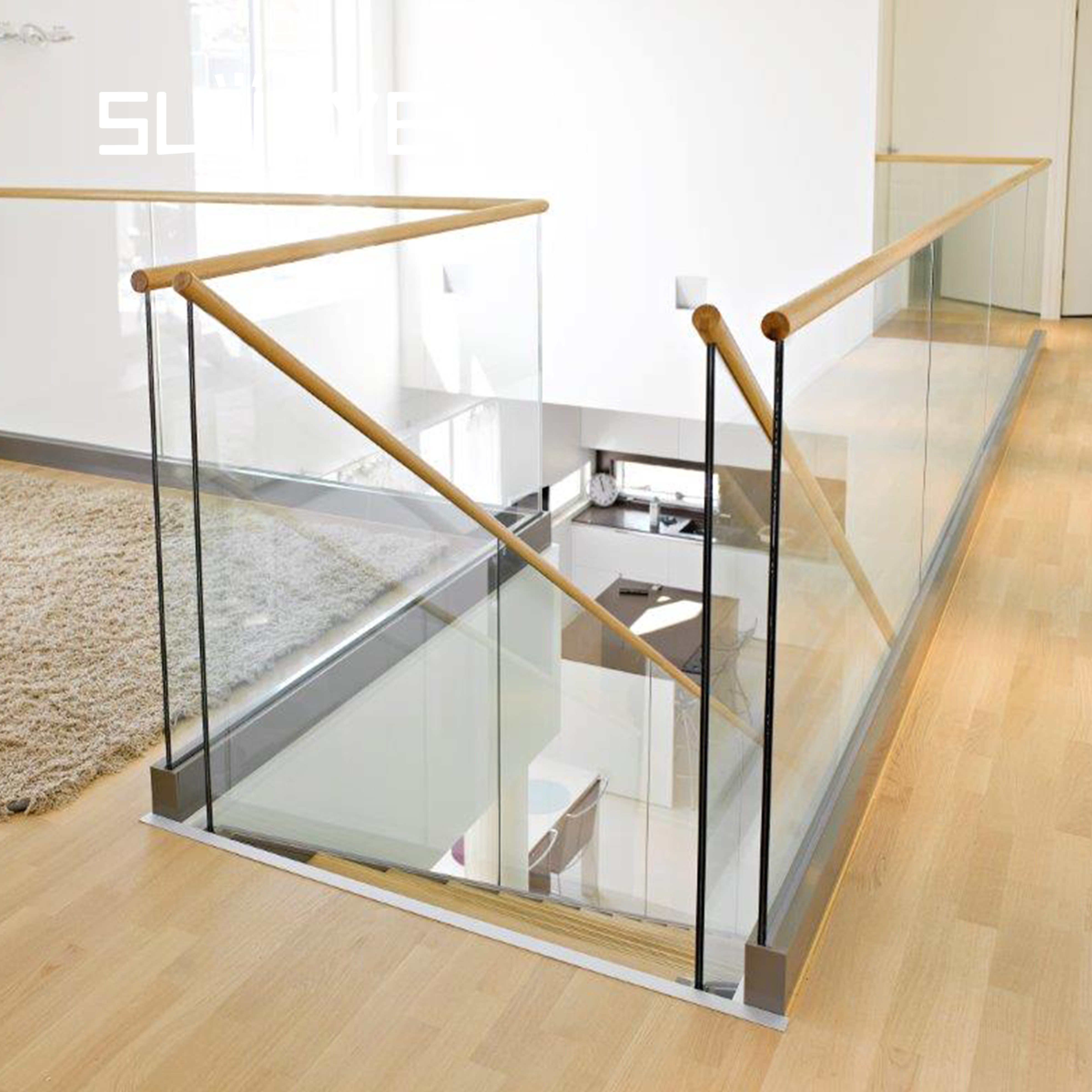 Frameless glass railing indoor stairs decorative deck black commercial tempered residential glass stair railing