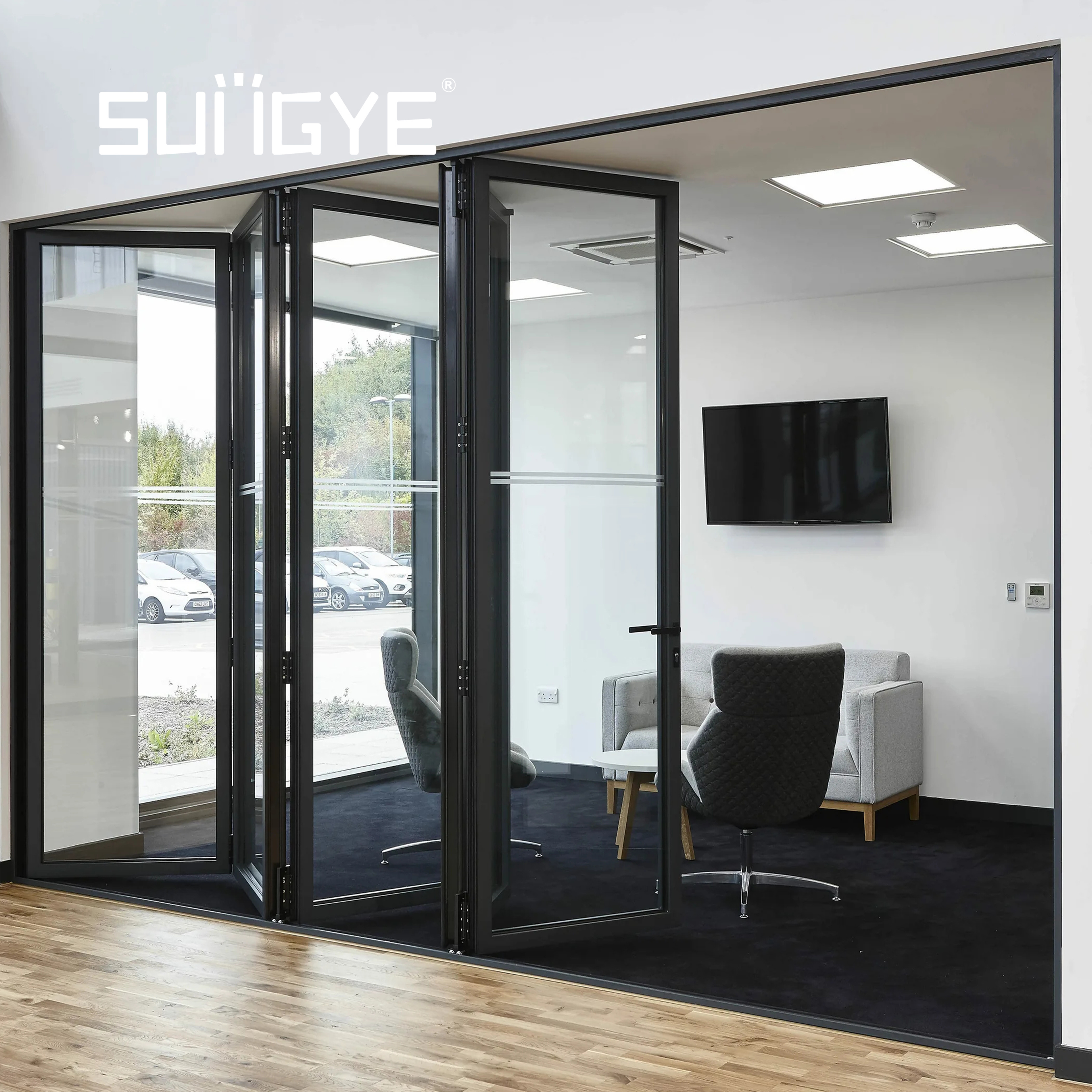 Hinged slide and glide bifold doors pocket folding door with  frosted glass window lock