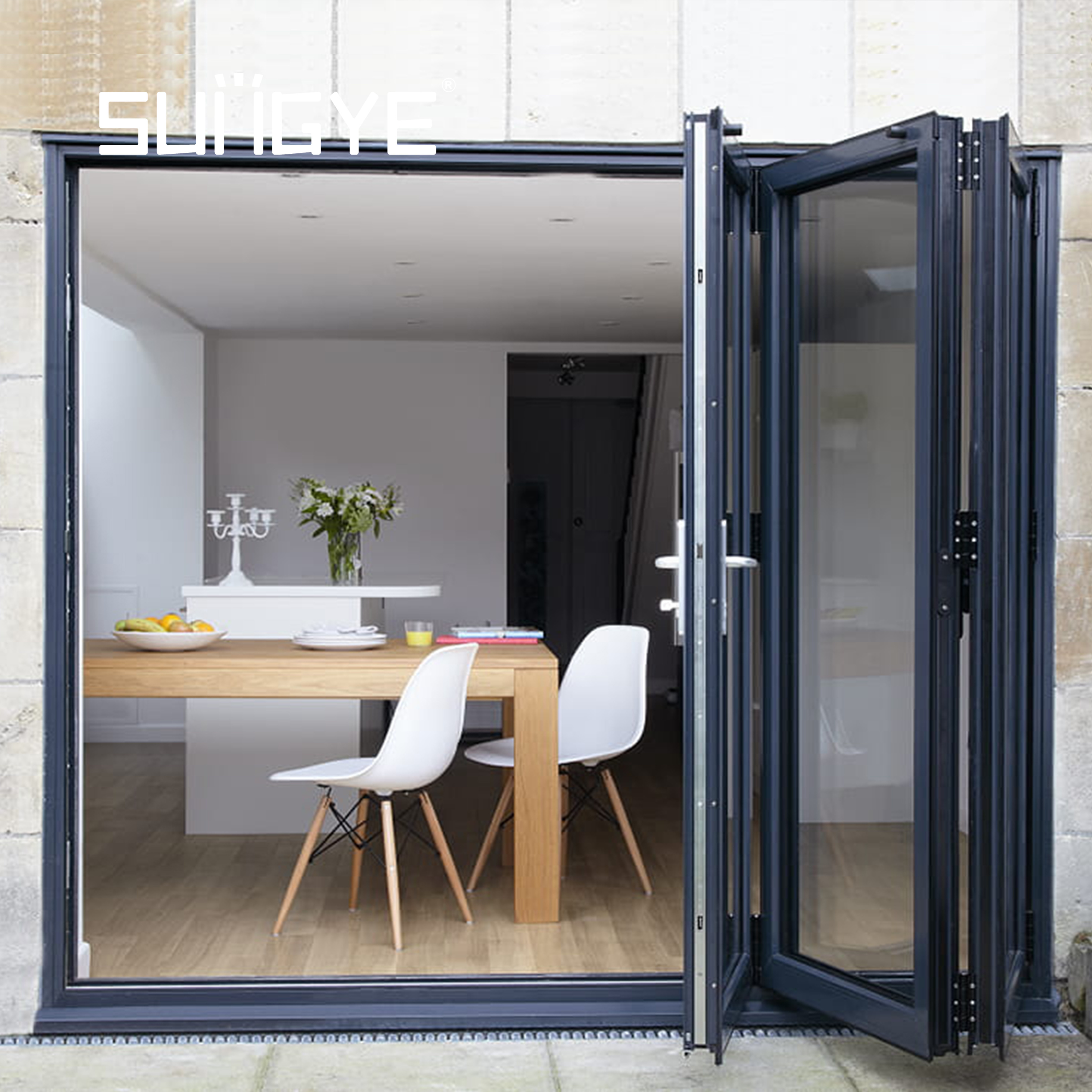 Hinged slide and glide bifold doors pocket folding door with  frosted glass window lock