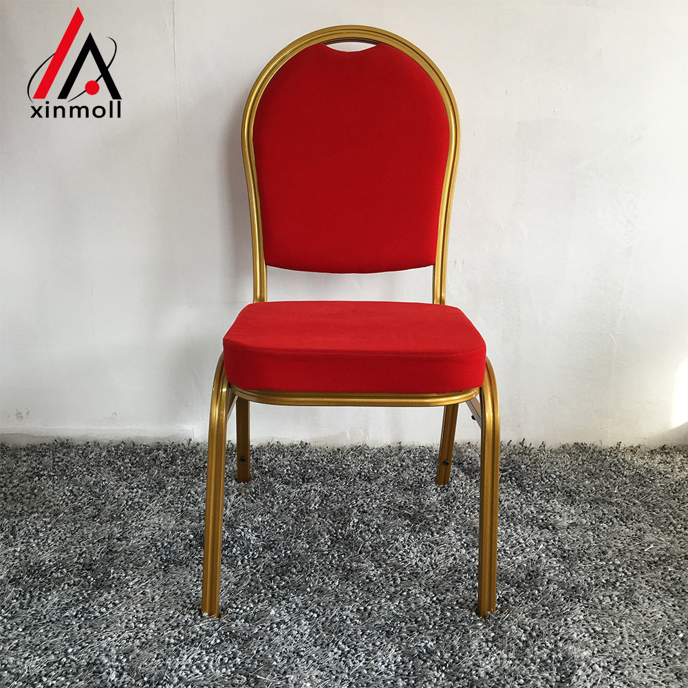 FOSHAN XINGMAO Furniture banquet Series Dome Back Stacking Banquet Chairs in Rosy Red Fabric - Gold Frame