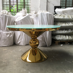 Hot Gold round stainless steel legs dining tables mirror glass wedding cakes table for sale