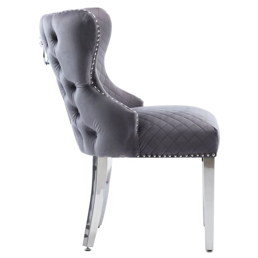 XINMOLL Dark Grey Velvet Fabric Lion Tufted Knockerback Dining Chairs Stainless steel Chrome Leg Chrome Lion knocker