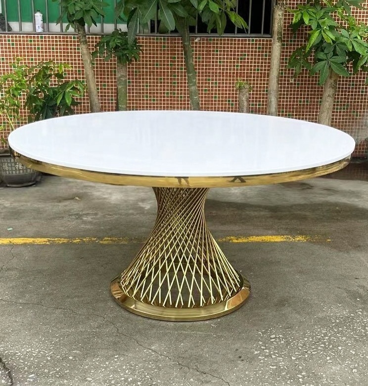 Hot Gold round stainless steel legs dining tables mirror glass wedding cakes table for sale