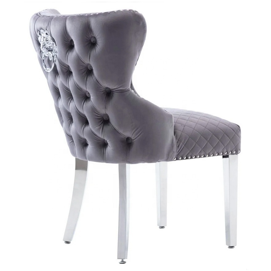 XINMOLL Dark Grey Velvet Fabric Lion Tufted Knockerback Dining Chairs Stainless steel Chrome Leg Chrome Lion knocker