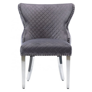 XINMOLL Dark Grey Velvet Fabric Lion Tufted Knockerback Dining Chairs Stainless steel Chrome Leg Chrome Lion knocker