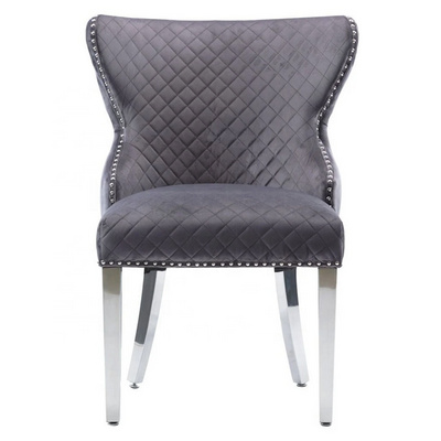 XINMOLL Dark Grey Velvet Fabric Lion Tufted Knockerback Dining Chairs Stainless steel Chrome Leg Chrome Lion knocker