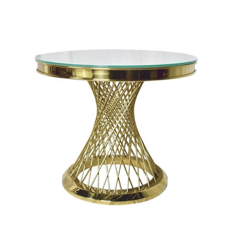 Hot Gold round stainless steel legs dining tables mirror glass wedding cakes table for sale