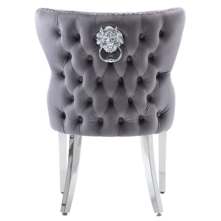 XINMOLL Dark Grey Velvet Fabric Lion Tufted Knockerback Dining Chairs Stainless steel Chrome Leg Chrome Lion knocker