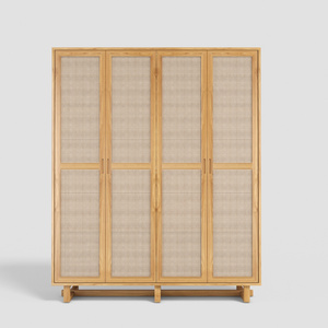 Nordic Style Bedroom Furniture Solid Wood Wardrobes 4 Door Rattan Cane Tall Cabinet Flat Door Closet