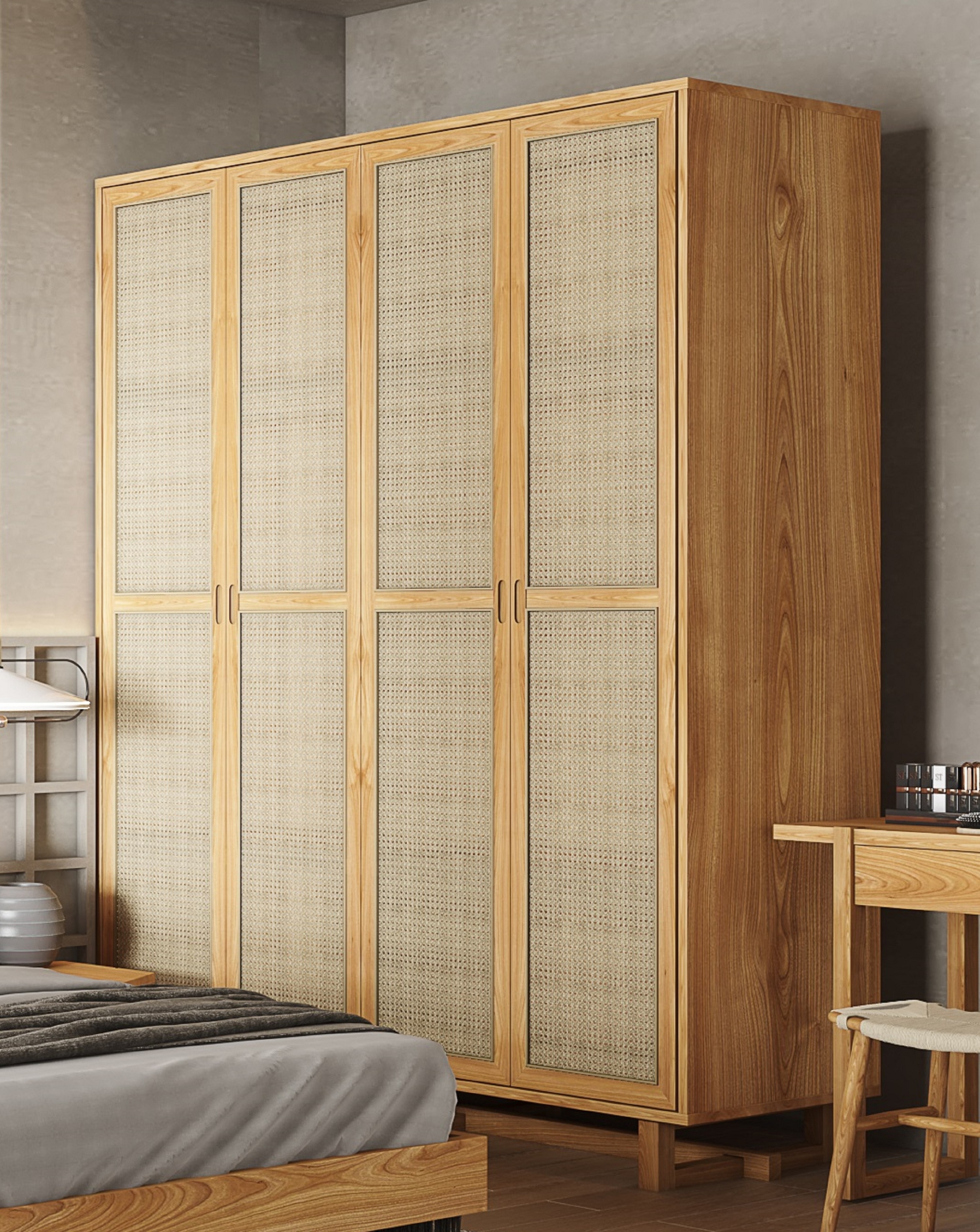 Nordic Style Bedroom Furniture Solid Wood Wardrobes 4 Door Rattan Cane Tall Cabinet Flat Door Closet