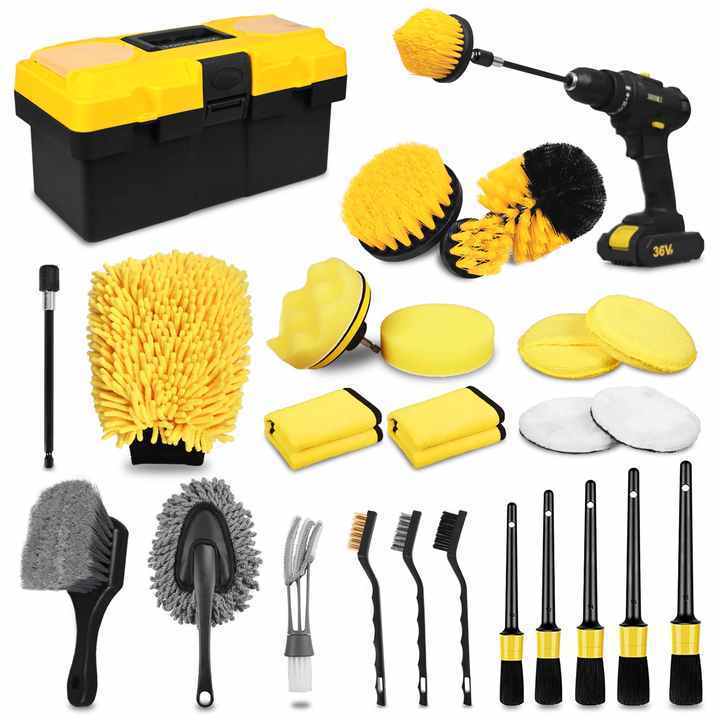 27Pcs Car Cleaning Tools Kit for Interior Exterior Wheels Car Detailing Kit Auto Detailing Drill Brushes Set Wash Kit