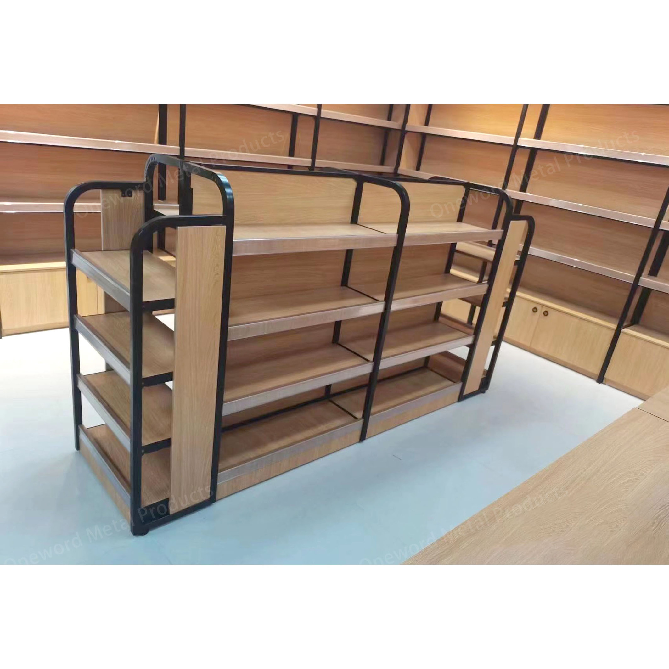 Adjustable Long Wooden Steel Shelf Convenience Store Single Double Sided Gondola Shelves Commercial Wood Shelves