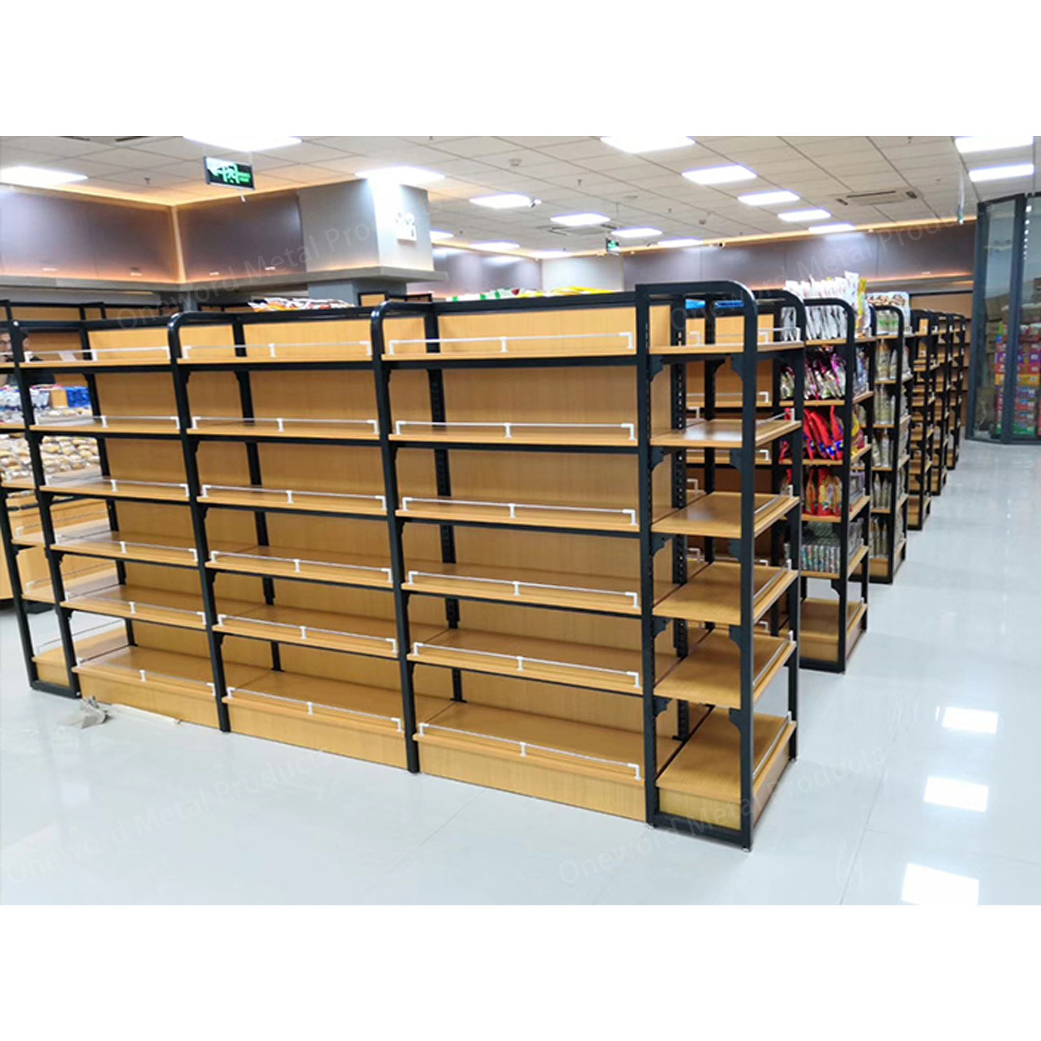 Adjustable Long Wooden Steel Shelf Convenience Store Single Double Sided Gondola Shelves Commercial Wood Shelves