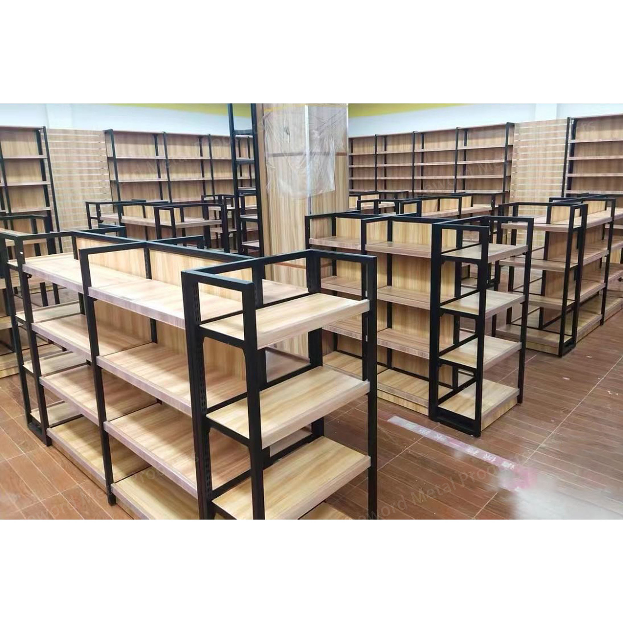 Adjustable Long Wooden Steel Shelf Convenience Store Single Double Sided Gondola Shelves Commercial Wood Shelves