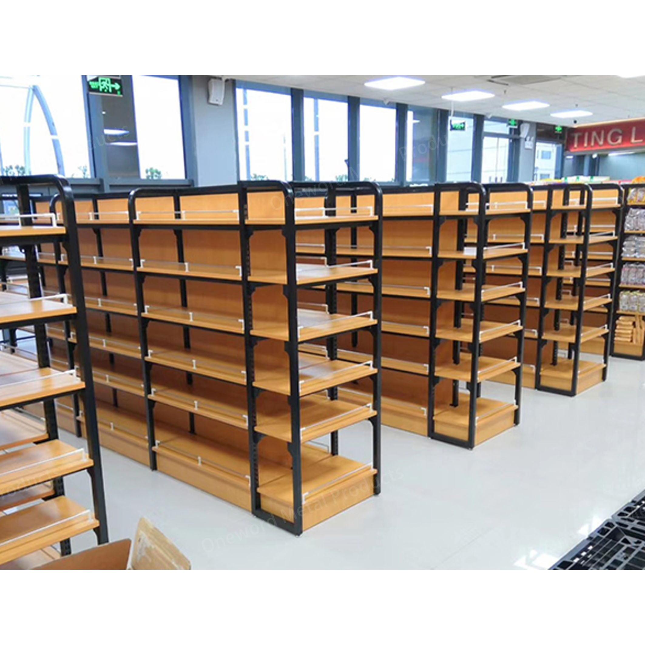 Adjustable Long Wooden Steel Shelf Convenience Store Single Double Sided Gondola Shelves Commercial Wood Shelves