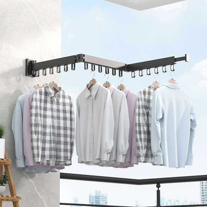 Wholesale Wall Mounted Clothes Rack Retractable Hanger Folding Space Saving Clothes Rod Home Laundry Drying Rack Foldable Glossy