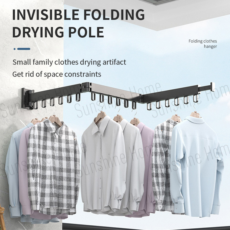 Wholesale Wall Mounted Clothes Rack Retractable Hanger Folding Space Saving Clothes Rod Home Laundry Drying Rack Foldable Glossy