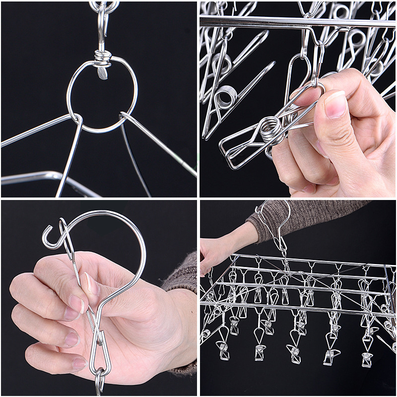 Stainless Steel Multi-functional Windproof Hook Drying Racks Laundry Home Socks Clothes Hanger With Clip