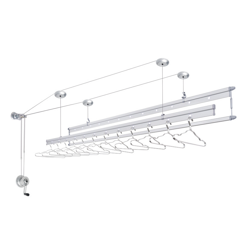 Factory Direct Selling Manual Three Pole Hand Operated Lift Clothing Hanger Rack for Clothes Metal Aluminum Multifunction