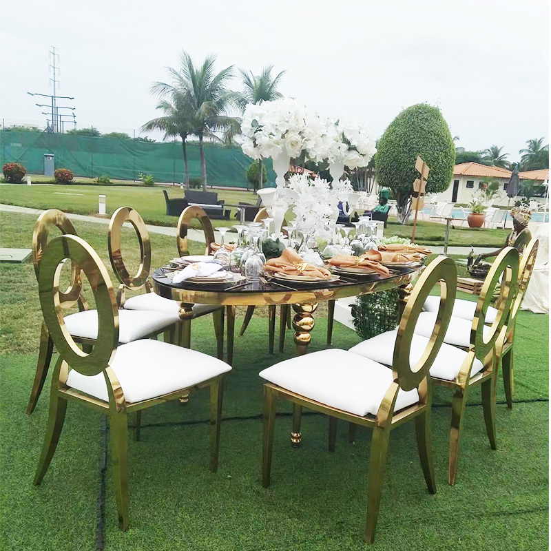 Luxury modern gold stainless steel round back dining banquet chair for wedding