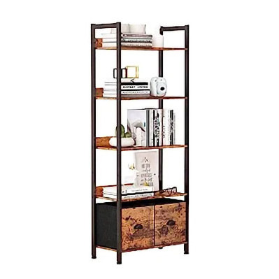 5-Tier Bookshelf Tall Bookcase With 2 Storage Drawers, Industrial Display Standing Shelf Units Wood And Metal Storage Shelf