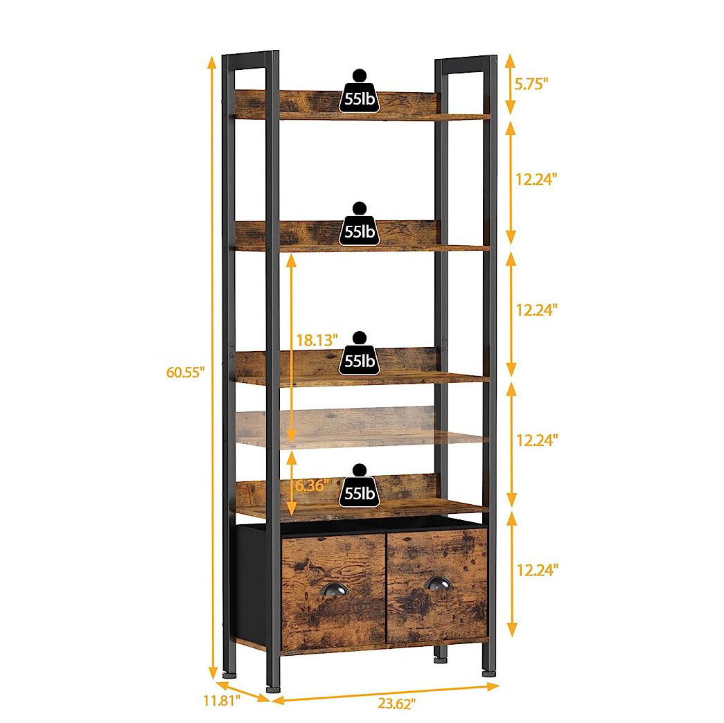 5-Tier Bookshelf Tall Bookcase With 2 Storage Drawers, Industrial Display Standing Shelf Units Wood And Metal Storage Shelf