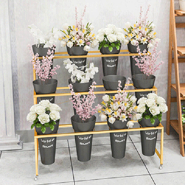 Hot Sale Gold Metal Fresh Rose Flower Cart Display Stand Rack Silk Flower Artificial Flower Shop Bucket Stand Display Rack