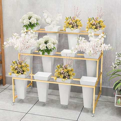 Hot Sale Gold Metal Fresh Rose Flower Cart Display Stand Rack Silk Flower Artificial Flower Shop Bucket Stand Display Rack