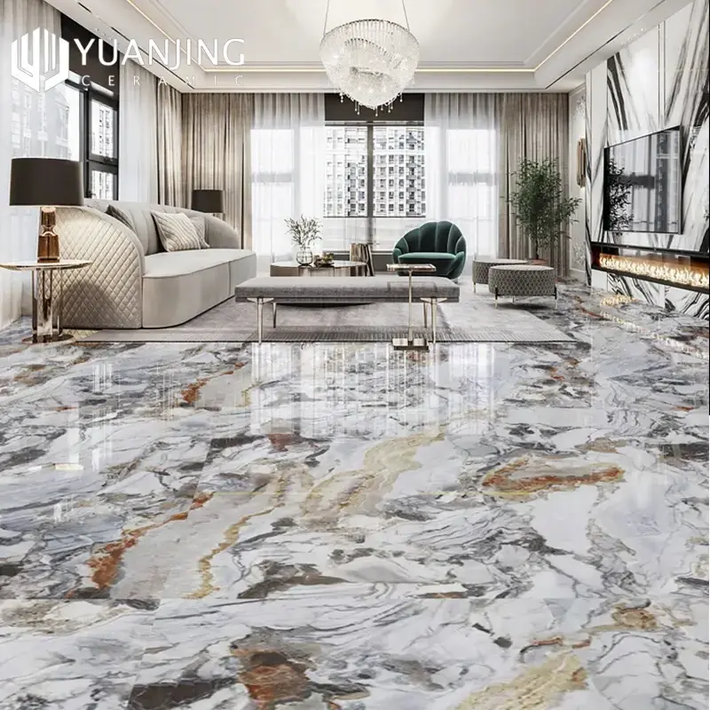 Shiny Black And White Marble Floor Full Polished Glazed Porcelain Tile