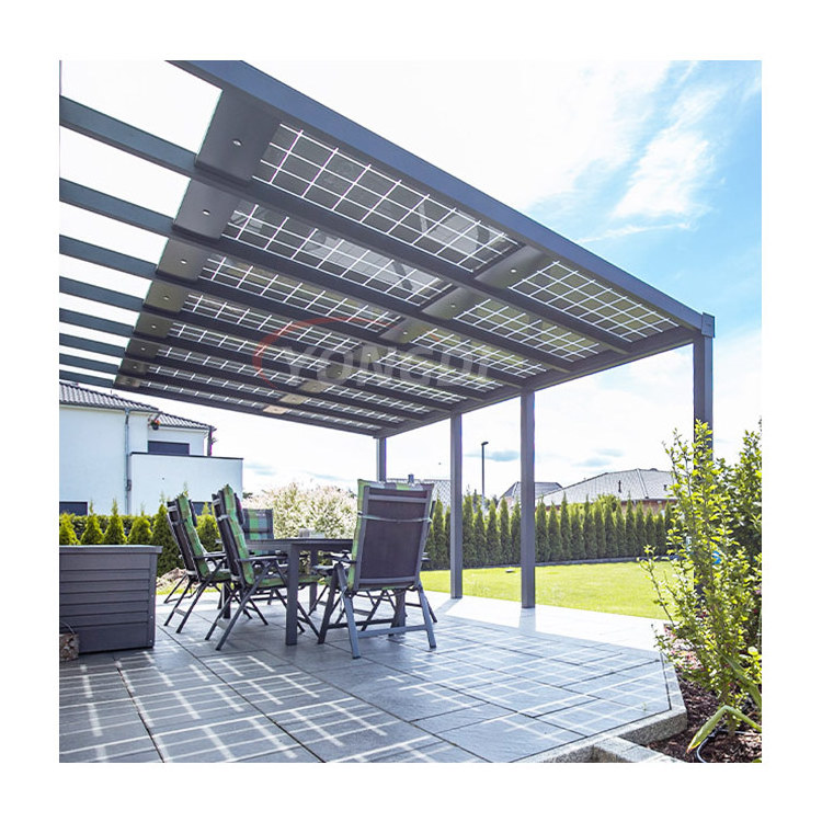 Patio cover solar power transparent glass panels roof system aluminum structure gazebo pavilion pergola