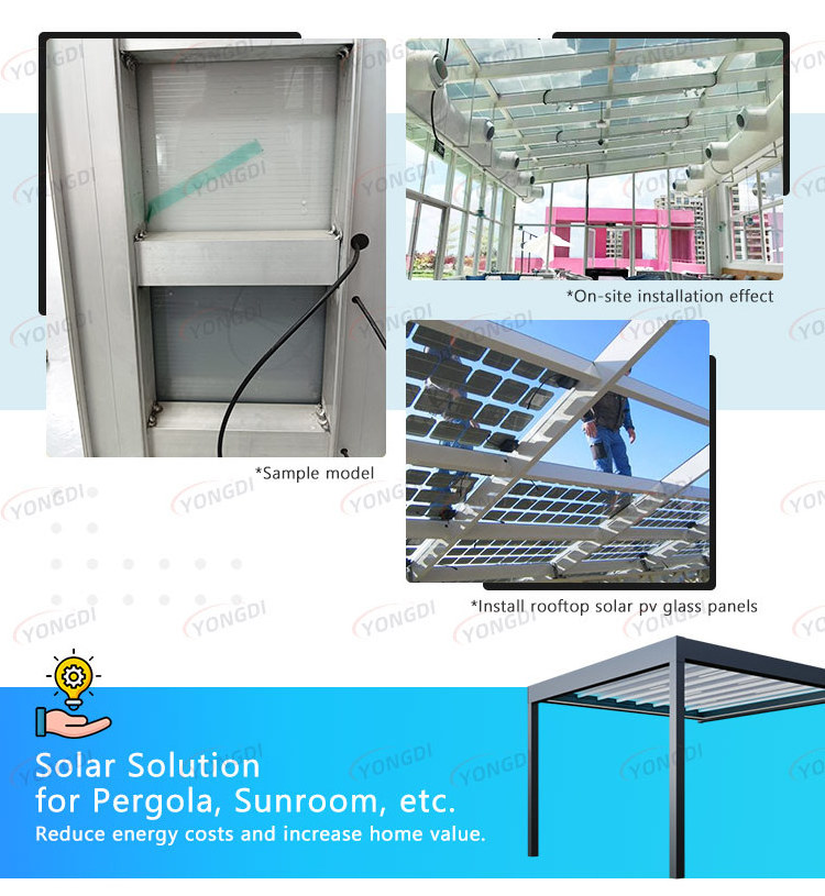 Patio cover solar power transparent glass panels roof system aluminum structure gazebo pavilion pergola