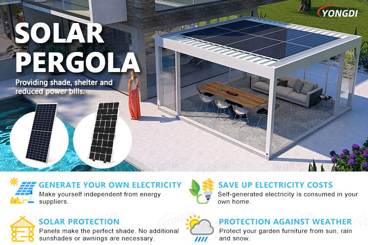 Patio cover solar power transparent glass panels roof system aluminum structure gazebo pavilion pergola