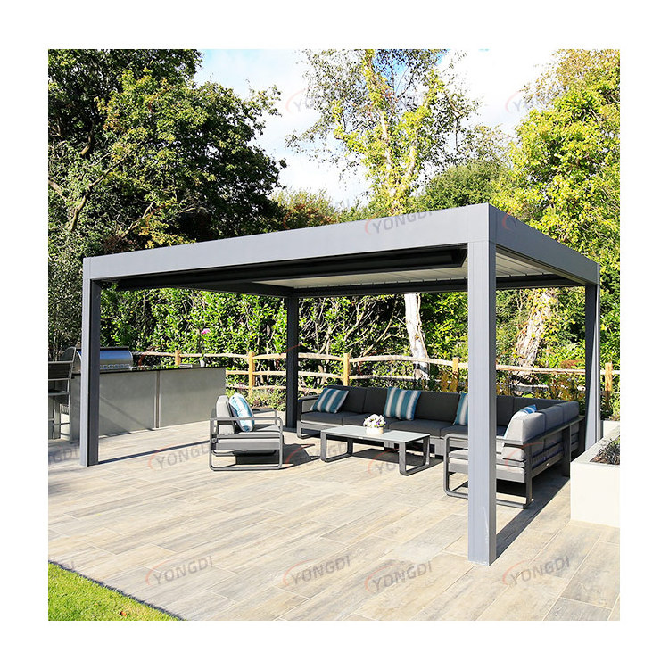 12x20 Villa backyard attached wall mounted outdoor kitchen aluminium fully retractable louvre pergola for restaurant bar