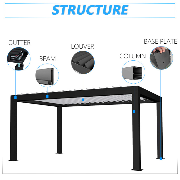 12x20 Villa backyard attached wall mounted outdoor kitchen aluminium fully retractable louvre pergola for restaurant bar