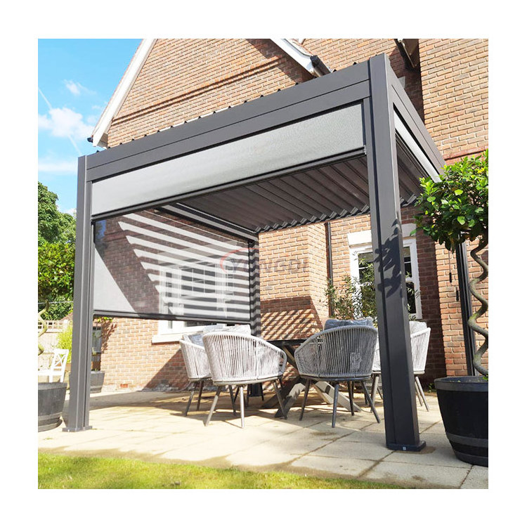 Foshan composite deck aluminum frame smart waterproof pergola gazebo outdoor roller blinds snow proof winter pergola